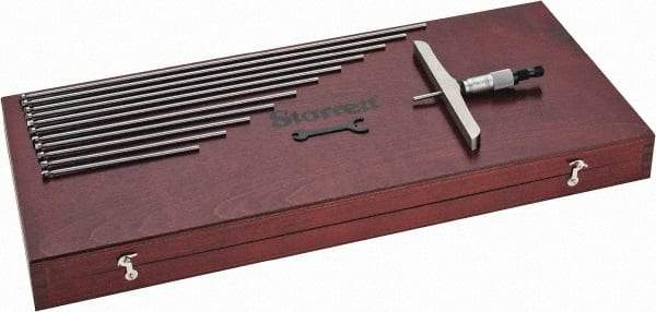 Starrett - 0 to 12" Range, 12 Rod, Satin Chrome Finish Mechanical Depth Micrometer - Ratchet Stop Thimble, 6" Base Length, 0.001" Graduation, 5/32" Rod Diam - Apex Tool & Supply