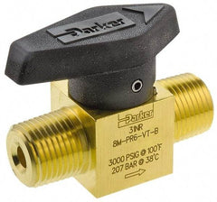 Parker - 1/2" Pipe, 3,000 psi WOG Rating, Brass, Inline, One Way Instrumentation Plug Valve - Wedge Handle, MNPT x MNPT End Connections, Viton Seal - Apex Tool & Supply