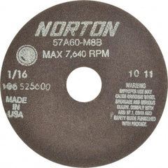 Norton - 6" 60 Grit Aluminum Oxide Cutoff Wheel - 1/16" Thick, 1-1/4" Arbor, 7,640 Max RPM, Use with Stationary Grinders - Apex Tool & Supply