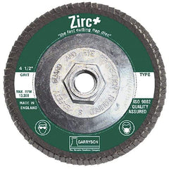 Garryson - 80 Grit, 7" Disc Diam, 5/8-11 Center Hole, Type 29 Zirconia Alumina Flap Disc - 8,600 Max RPM, Fiberglass Backing, Arbor Attaching System, Coated - Apex Tool & Supply