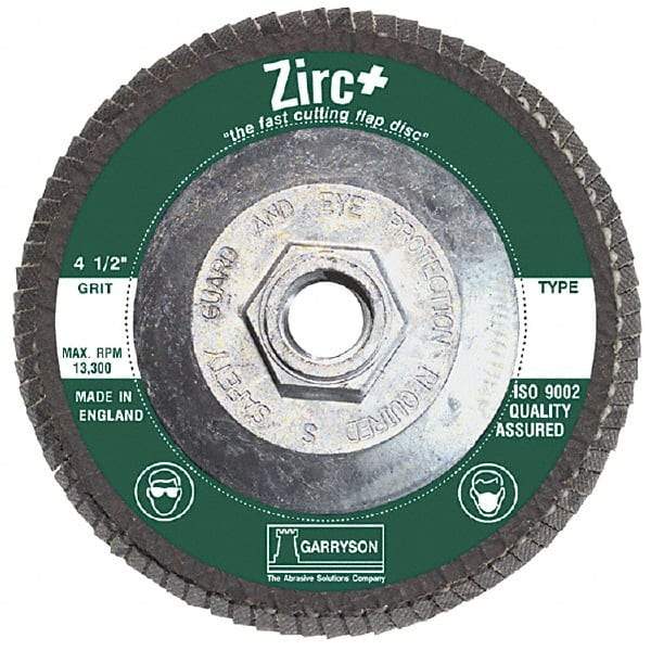 Garryson - 80 Grit, 4-1/2" Disc Diam, 5/8-11 Center Hole, Type 29 Zirconia Alumina Flap Disc - 13,300 Max RPM, Fiberglass Backing, Arbor Attaching System, Coated - Apex Tool & Supply
