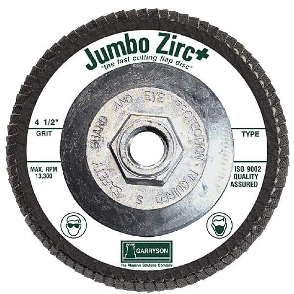 Garryson - 36 Grit, 7" Disc Diam, 5/8-11 Center Hole, Type 29 Zirconia Alumina Flap Disc - 8,600 Max RPM, Fiberglass Backing, Arbor Attaching System, Coated - Apex Tool & Supply