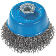 WALTER Surface Technologies - 3" Diam, 5/8-11 Threaded Arbor, Stainless Steel Fill Cup Brush - 0.0118 Wire Diam, 12,000 Max RPM - Apex Tool & Supply