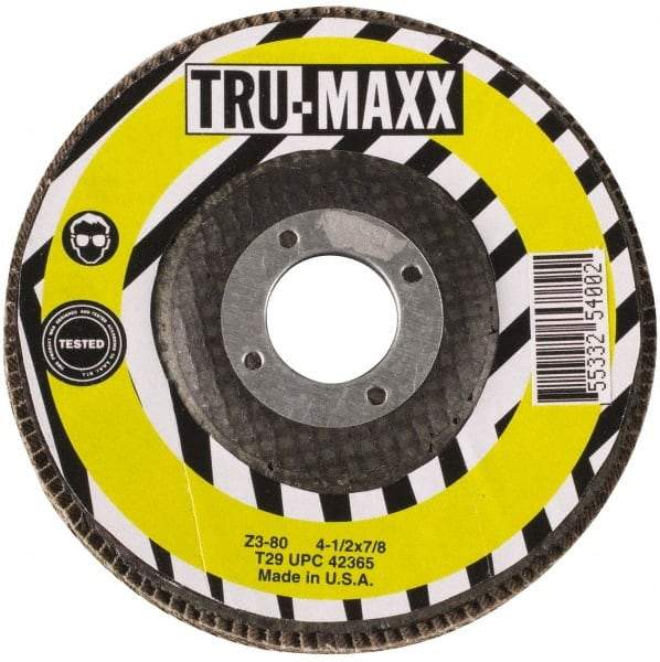 Tru-Maxx - 120 Grit, 4-1/2" Disc Diam, 7/8" Center Hole, Type 29 Flap Disc - 13,300 Max RPM, Arbor Attaching System, Coated - Apex Tool & Supply