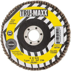 Tru-Maxx - 36 Grit, 4" Disc Diam, 5/8" Center Hole, Type 27 Zirconia Alumina Flap Disc - 15,300 Max RPM, Arbor Attaching System, Coated - Apex Tool & Supply