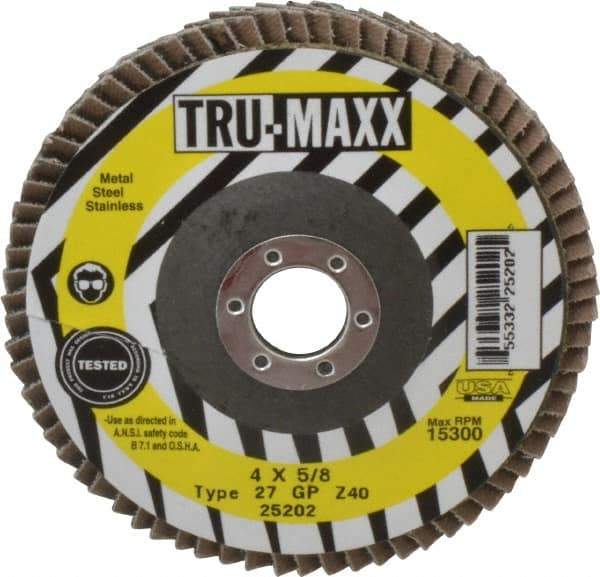Tru-Maxx - 40 Grit, 4" Disc Diam, 5/8" Center Hole, Type 27 Zirconia Alumina Flap Disc - 15,300 Max RPM, Arbor Attaching System, Coated - Apex Tool & Supply