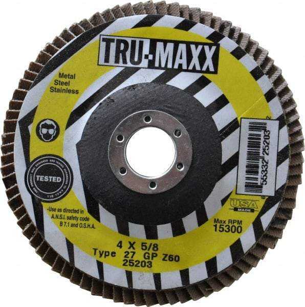 Tru-Maxx - 60 Grit, 4" Disc Diam, 5/8" Center Hole, Type 27 Zirconia Alumina Flap Disc - 15,300 Max RPM, Arbor Attaching System, Coated - Apex Tool & Supply