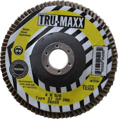 Tru-Maxx - 60 Grit, 4" Disc Diam, 5/8" Center Hole, Type 27 Zirconia Alumina Flap Disc - 15,300 Max RPM, Arbor Attaching System, Coated - Apex Tool & Supply