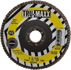 Tru-Maxx - 80 Grit, 4" Disc Diam, 5/8" Center Hole, Type 27 Zirconia Alumina Flap Disc - 15,300 Max RPM, Arbor Attaching System, Coated - Apex Tool & Supply
