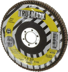 Tru-Maxx - 120 Grit, 4" Disc Diam, 5/8" Center Hole, Type 27 Zirconia Alumina Flap Disc - 15,300 Max RPM, Arbor Attaching System, Coated - Apex Tool & Supply