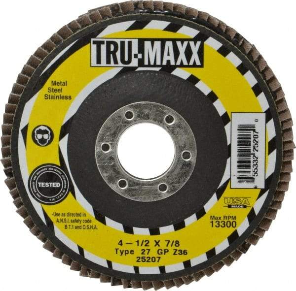 Tru-Maxx - 36 Grit, 4-1/2" Disc Diam, 7/8" Center Hole, Type 27 Zirconia Alumina Flap Disc - 13,300 Max RPM, Arbor Attaching System, Coated - Apex Tool & Supply