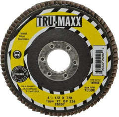 Tru-Maxx - 36 Grit, 4-1/2" Disc Diam, 7/8" Center Hole, Type 27 Zirconia Alumina Flap Disc - 13,300 Max RPM, Arbor Attaching System, Coated - Apex Tool & Supply