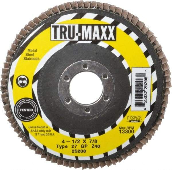Tru-Maxx - 40 Grit, 4-1/2" Disc Diam, 7/8" Center Hole, Type 27 Zirconia Alumina Flap Disc - 13,300 Max RPM, Arbor Attaching System, Coated - Apex Tool & Supply
