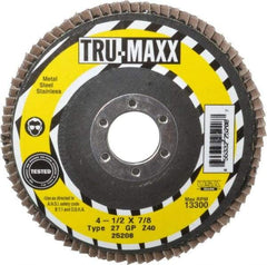 Tru-Maxx - 40 Grit, 4-1/2" Disc Diam, 7/8" Center Hole, Type 27 Zirconia Alumina Flap Disc - 13,300 Max RPM, Arbor Attaching System, Coated - Apex Tool & Supply