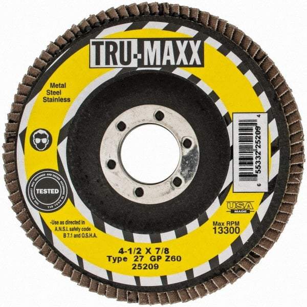 Tru-Maxx - 60 Grit, 4-1/2" Disc Diam, 7/8" Center Hole, Type 27 Zirconia Alumina Flap Disc - 13,300 Max RPM, Arbor Attaching System, Coated - Apex Tool & Supply