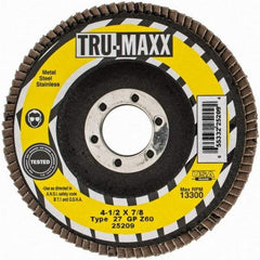 Tru-Maxx - 60 Grit, 4-1/2" Disc Diam, 7/8" Center Hole, Type 27 Zirconia Alumina Flap Disc - 13,300 Max RPM, Arbor Attaching System, Coated - Apex Tool & Supply