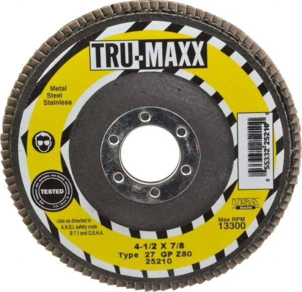 Tru-Maxx - 80 Grit, 4-1/2" Disc Diam, 7/8" Center Hole, Type 27 Zirconia Alumina Flap Disc - 13,300 Max RPM, Arbor Attaching System, Coated - Apex Tool & Supply
