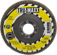 Tru-Maxx - 80 Grit, 4-1/2" Disc Diam, 7/8" Center Hole, Type 27 Zirconia Alumina Flap Disc - 13,300 Max RPM, Arbor Attaching System, Coated - Apex Tool & Supply