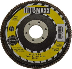 Tru-Maxx - 120 Grit, 4-1/2" Disc Diam, 7/8" Center Hole, Type 27 Zirconia Alumina Flap Disc - 13,300 Max RPM, Arbor Attaching System, Coated - Apex Tool & Supply