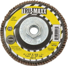 Tru-Maxx - 36 Grit, 4-1/2" Disc Diam, 5/8-11 Center Hole, Type 27 Zirconia Alumina Flap Disc - 13,300 Max RPM, Arbor Attaching System, Coated - Apex Tool & Supply