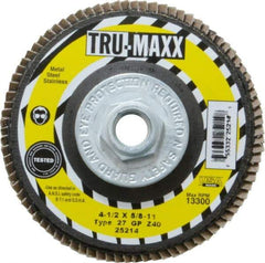 Tru-Maxx - 40 Grit, 4-1/2" Disc Diam, 5/8-11 Center Hole, Type 27 Zirconia Alumina Flap Disc - 13,300 Max RPM, Arbor Attaching System, Coated - Apex Tool & Supply
