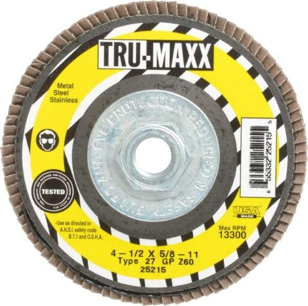Tru-Maxx - 60 Grit, 4-1/2" Disc Diam, 5/8-11 Center Hole, Type 27 Zirconia Alumina Flap Disc - 13,300 Max RPM, Arbor Attaching System, Coated - Apex Tool & Supply
