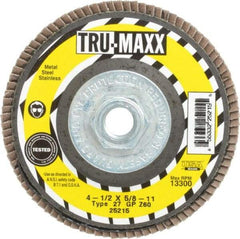 Tru-Maxx - 60 Grit, 4-1/2" Disc Diam, 5/8-11 Center Hole, Type 27 Zirconia Alumina Flap Disc - 13,300 Max RPM, Arbor Attaching System, Coated - Apex Tool & Supply