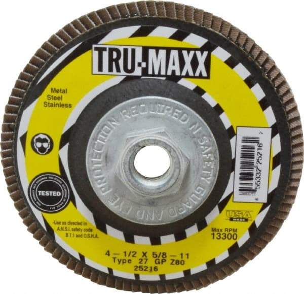 Tru-Maxx - 80 Grit, 4-1/2" Disc Diam, 5/8-11 Center Hole, Type 27 Zirconia Alumina Flap Disc - 13,300 Max RPM, Arbor Attaching System, Coated - Apex Tool & Supply