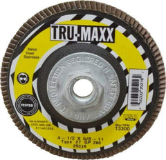 Tru-Maxx - 80 Grit, 4-1/2" Disc Diam, 5/8-11 Center Hole, Type 27 Zirconia Alumina Flap Disc - 13,300 Max RPM, Arbor Attaching System, Coated - Apex Tool & Supply