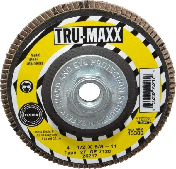 Tru-Maxx - 120 Grit, 4-1/2" Disc Diam, 5/8-11 Center Hole, Type 27 Zirconia Alumina Flap Disc - 13,300 Max RPM, Arbor Attaching System, Coated - Apex Tool & Supply