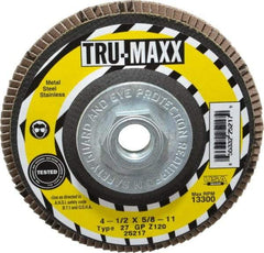 Tru-Maxx - 120 Grit, 4-1/2" Disc Diam, 5/8-11 Center Hole, Type 27 Zirconia Alumina Flap Disc - 13,300 Max RPM, Arbor Attaching System, Coated - Apex Tool & Supply