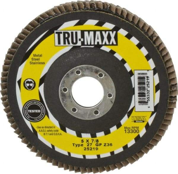 Tru-Maxx - 36 Grit, 5" Disc Diam, 7/8" Center Hole, Type 27 Zirconia Alumina Flap Disc - 12,200 Max RPM, Arbor Attaching System, Coated - Apex Tool & Supply