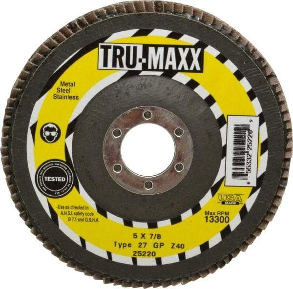 Tru-Maxx - 40 Grit, 5" Disc Diam, 7/8" Center Hole, Type 27 Zirconia Alumina Flap Disc - 12,200 Max RPM, Arbor Attaching System, Coated - Apex Tool & Supply