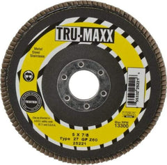 Tru-Maxx - 60 Grit, 5" Disc Diam, 7/8" Center Hole, Type 27 Zirconia Alumina Flap Disc - 12,200 Max RPM, Arbor Attaching System, Coated - Apex Tool & Supply