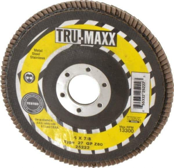 Tru-Maxx - 80 Grit, 5" Disc Diam, 7/8" Center Hole, Type 27 Zirconia Alumina Flap Disc - 12,200 Max RPM, Arbor Attaching System, Coated - Apex Tool & Supply