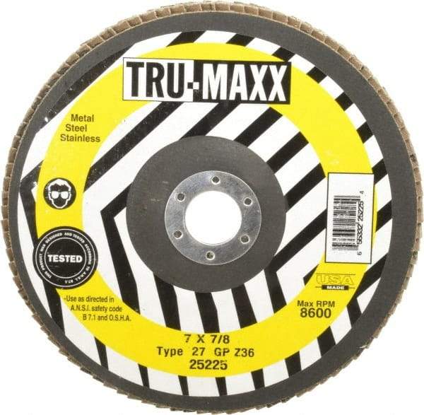 Tru-Maxx - 36 Grit, 7" Disc Diam, 7/8" Center Hole, Type 27 Zirconia Alumina Flap Disc - 8,600 Max RPM, Arbor Attaching System, Coated - Apex Tool & Supply