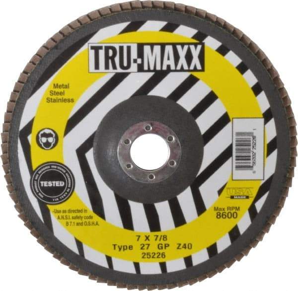 Tru-Maxx - 40 Grit, 7" Disc Diam, 7/8" Center Hole, Type 27 Zirconia Alumina Flap Disc - 8,600 Max RPM, Arbor Attaching System, Coated - Apex Tool & Supply