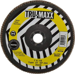 Tru-Maxx - 80 Grit, 7" Disc Diam, 7/8" Center Hole, Type 27 Zirconia Alumina Flap Disc - 8,600 Max RPM, Arbor Attaching System, Coated - Apex Tool & Supply
