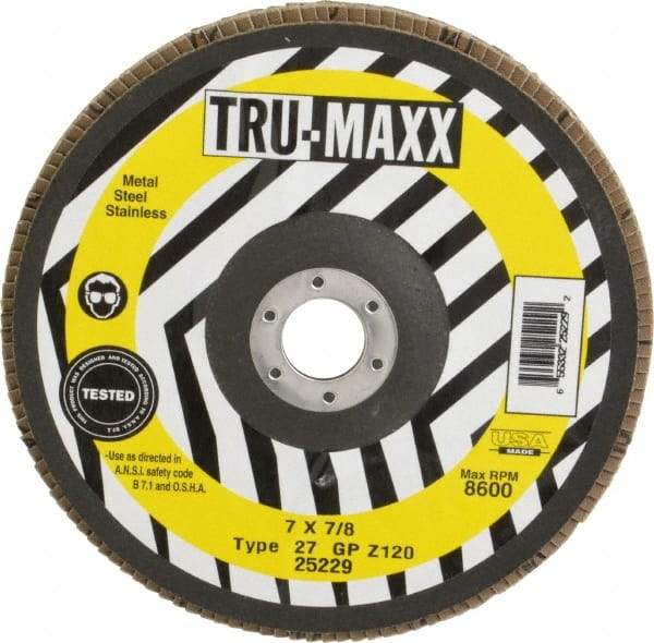Tru-Maxx - 120 Grit, 7" Disc Diam, 7/8" Center Hole, Type 27 Zirconia Alumina Flap Disc - 8,600 Max RPM, Arbor Attaching System, Coated - Apex Tool & Supply
