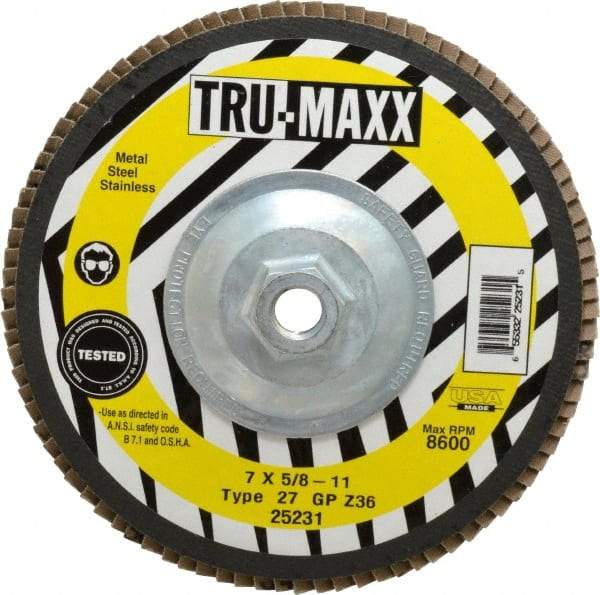 Tru-Maxx - 36 Grit, 7" Disc Diam, 5/8-11 Center Hole, Type 27 Zirconia Alumina Flap Disc - 8,600 Max RPM, Arbor Attaching System, Coated - Apex Tool & Supply