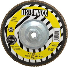 Tru-Maxx - 36 Grit, 7" Disc Diam, 5/8-11 Center Hole, Type 27 Zirconia Alumina Flap Disc - 8,600 Max RPM, Arbor Attaching System, Coated - Apex Tool & Supply
