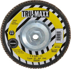 Tru-Maxx - 40 Grit, 7" Disc Diam, 5/8-11 Center Hole, Type 27 Zirconia Alumina Flap Disc - 8,600 Max RPM, Arbor Attaching System, Coated - Apex Tool & Supply