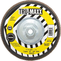 Tru-Maxx - 60 Grit, 7" Disc Diam, 5/8-11 Center Hole, Type 27 Zirconia Alumina Flap Disc - 8,600 Max RPM, Arbor Attaching System, Coated - Apex Tool & Supply