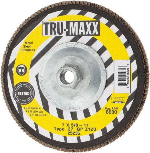 Tru-Maxx - 120 Grit, 7" Disc Diam, 5/8-11 Center Hole, Type 27 Zirconia Alumina Flap Disc - 8,600 Max RPM, Arbor Attaching System, Coated - Apex Tool & Supply