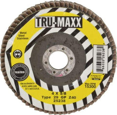 Tru-Maxx - 40 Grit, 4" Disc Diam, 5/8" Center Hole, Type 29 Zirconia Alumina Flap Disc - 15,300 Max RPM, Arbor Attaching System, Coated - Apex Tool & Supply