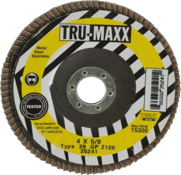 Tru-Maxx - 120 Grit, 4" Disc Diam, 5/8" Center Hole, Type 29 Zirconia Alumina Flap Disc - 15,300 Max RPM, Arbor Attaching System, Coated - Apex Tool & Supply