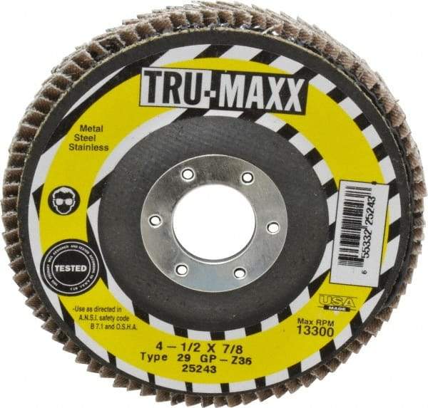 Tru-Maxx - 36 Grit, 4-1/2" Disc Diam, 7/8" Center Hole, Type 29 Zirconia Alumina Flap Disc - 13,300 Max RPM, Arbor Attaching System, Coated - Apex Tool & Supply