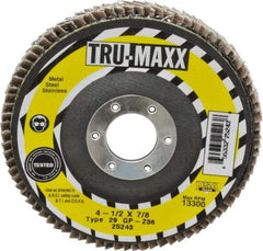 Tru-Maxx - 36 Grit, 4-1/2" Disc Diam, 7/8" Center Hole, Type 29 Zirconia Alumina Flap Disc - 13,300 Max RPM, Arbor Attaching System, Coated - Apex Tool & Supply