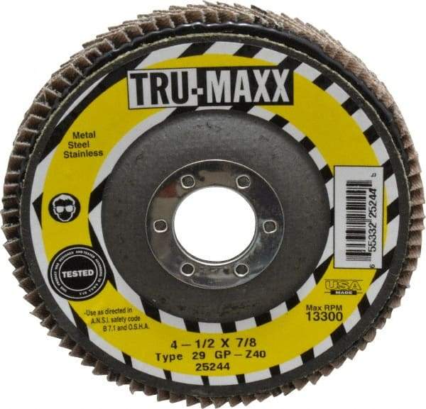 Tru-Maxx - 40 Grit, 4-1/2" Disc Diam, 7/8" Center Hole, Type 29 Zirconia Alumina Flap Disc - 13,300 Max RPM, Arbor Attaching System, Coated - Apex Tool & Supply