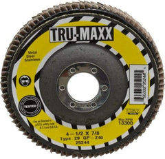 Tru-Maxx - 40 Grit, 4-1/2" Disc Diam, 7/8" Center Hole, Type 29 Zirconia Alumina Flap Disc - 13,300 Max RPM, Arbor Attaching System, Coated - Apex Tool & Supply